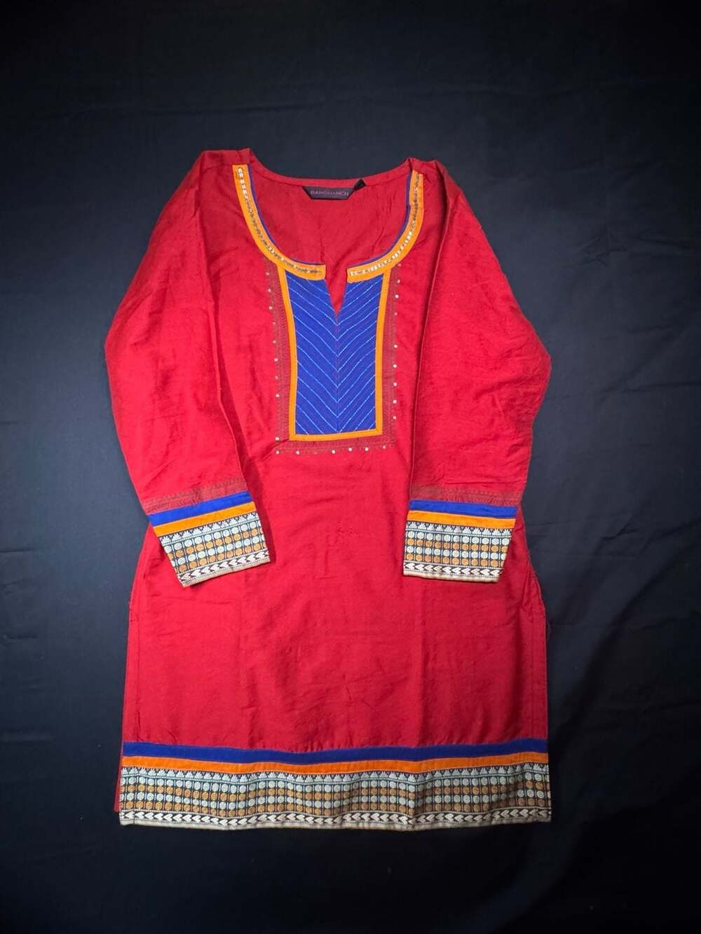 Rangmanch Red Cotton Kurti with Blue and Orange Embroidered Yoke and Cuffs
